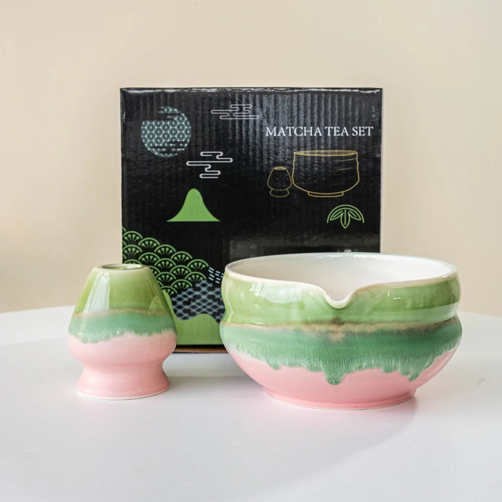 Bol et Support Fouet à Matcha en Céramique rose