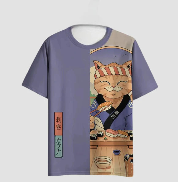 T-shirt Japonais Imprimé Chat