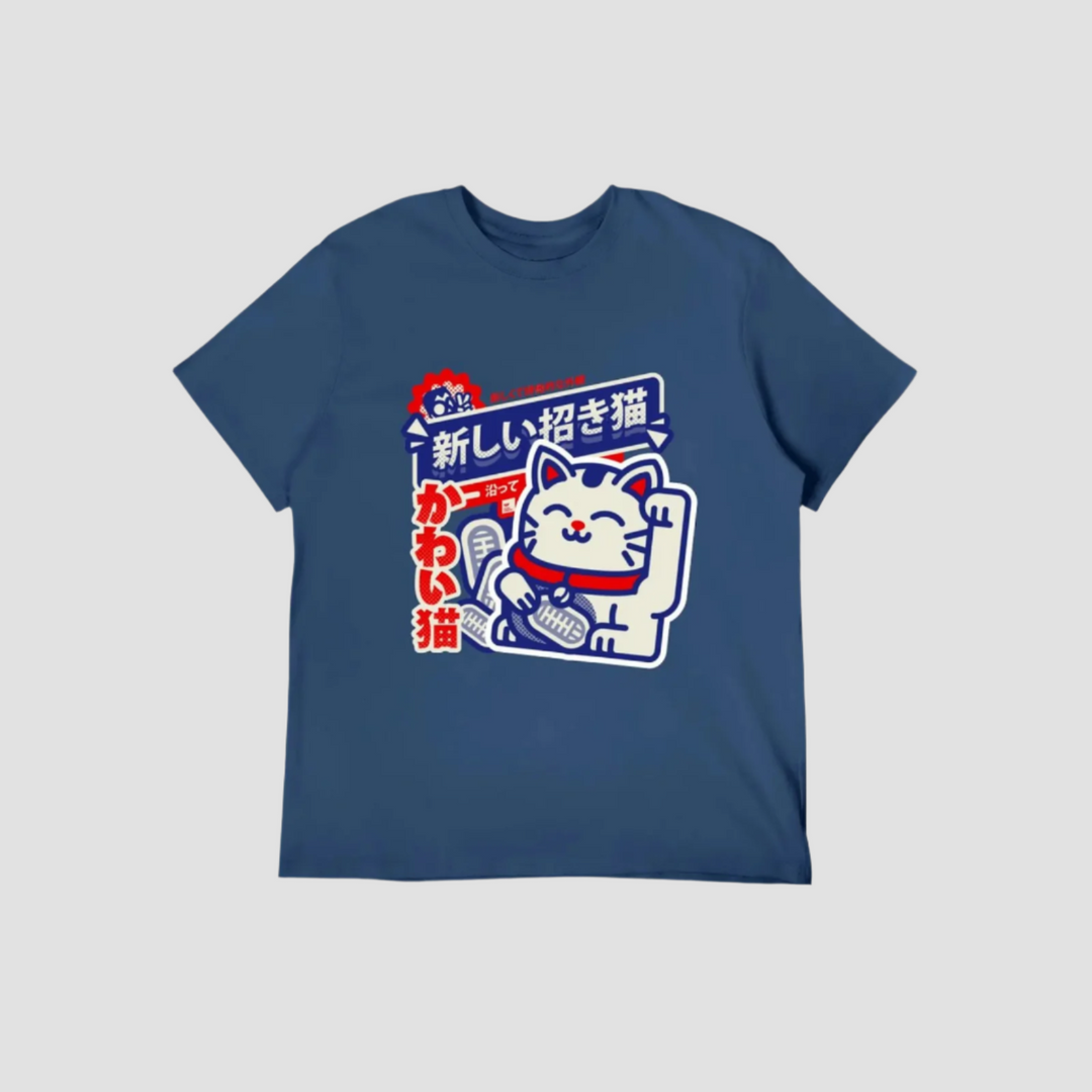 T-shirt Japonais Maneki Neko Stylé Bleu