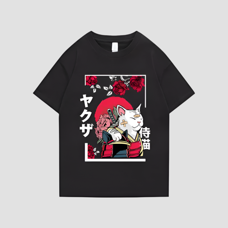 T-shirt Japonais en Coton Chat Design Noir