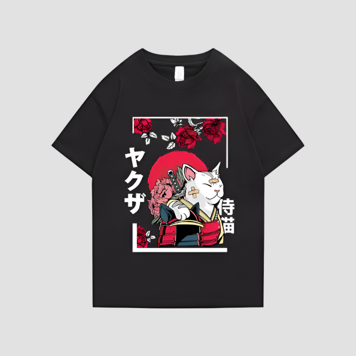 T-shirt Japonais en Coton Chat Design Noir