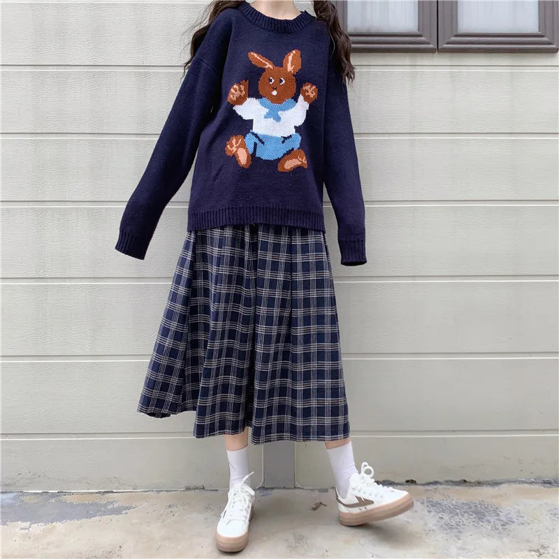 Jupe japonaise femme longue bleu à carreaux