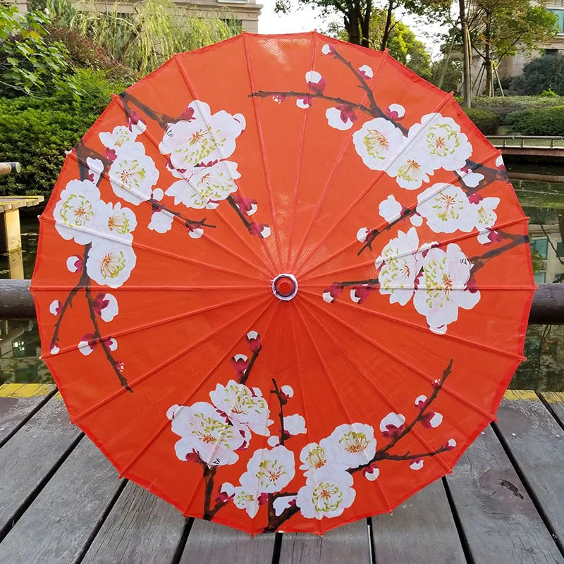 Ombrelle Japonaise Rouge à fleur blanche et rose