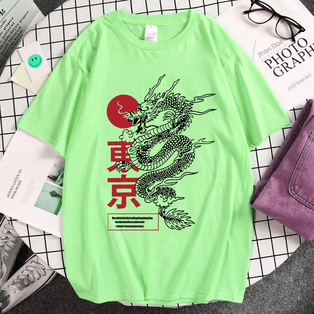 T-Shirt Japonais Dragon Tendance Vert