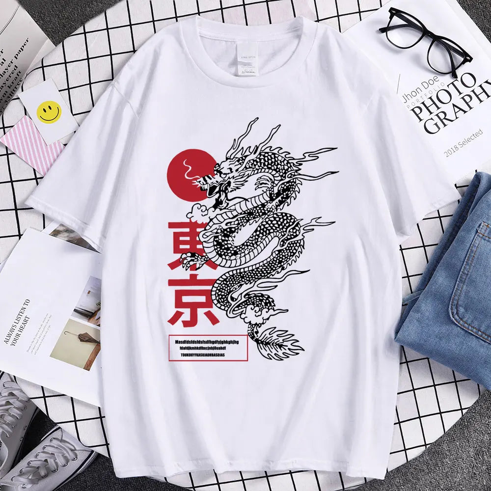 T-Shirt Japonais Dragon Tendance Blanc