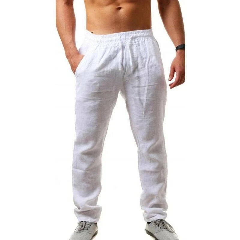 Pantalon Japonais à Taille Elastique en Lin Blanc