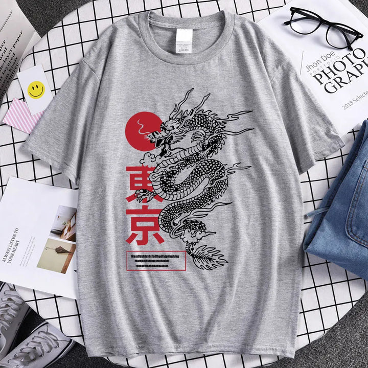 T-Shirt Japonais Dragon Tendance Gris