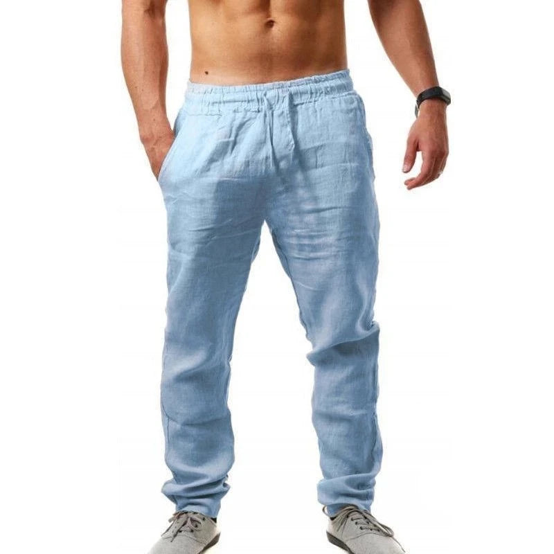 Pantalon Japonais à Taille Elastique en Lin Bleu