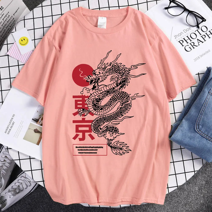 T-Shirt Japonais Dragon Tendance Rose