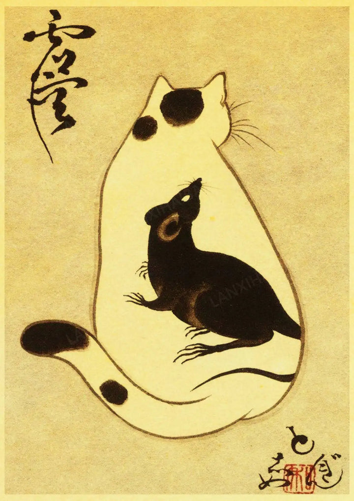 Affiche Japonaise Murale Motif Chat et Rat
