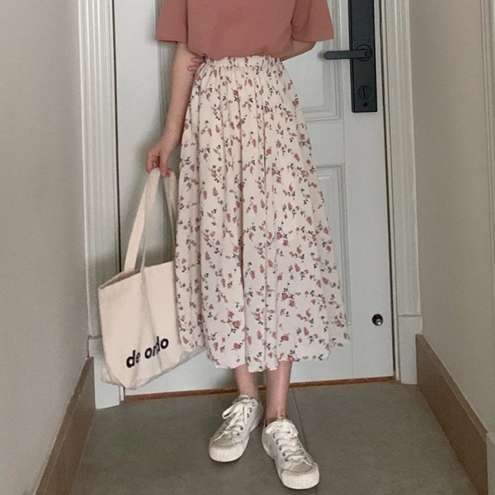 Jupe Japonaise Mi-longue Fleurie Beige