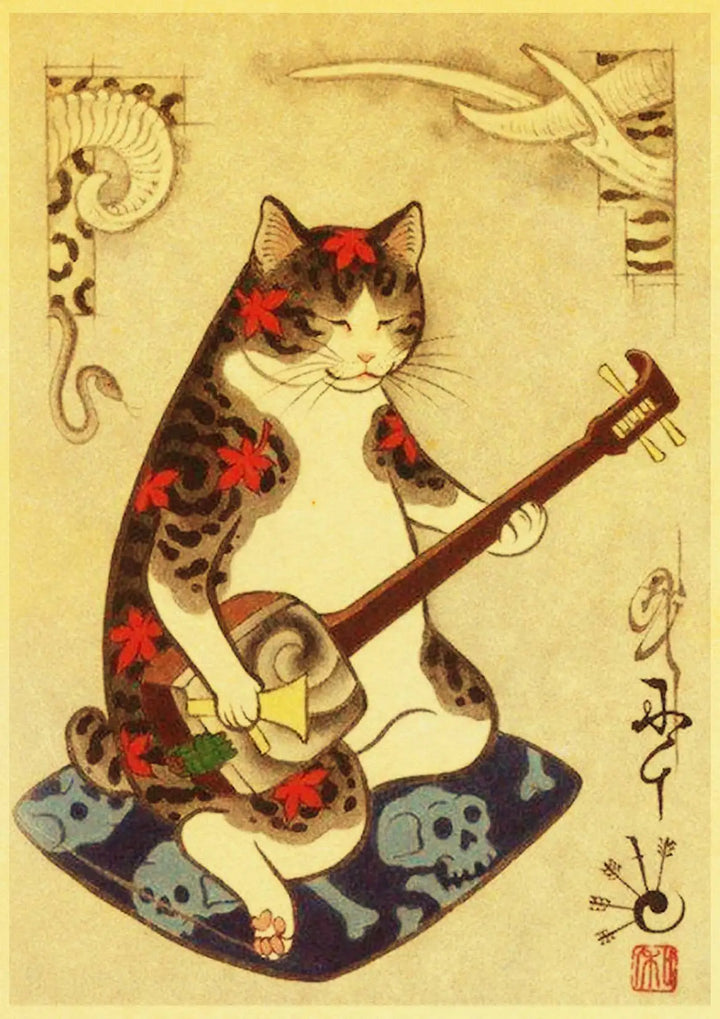 Affiche Japonaise Murale Motif Chat avec Shamisen