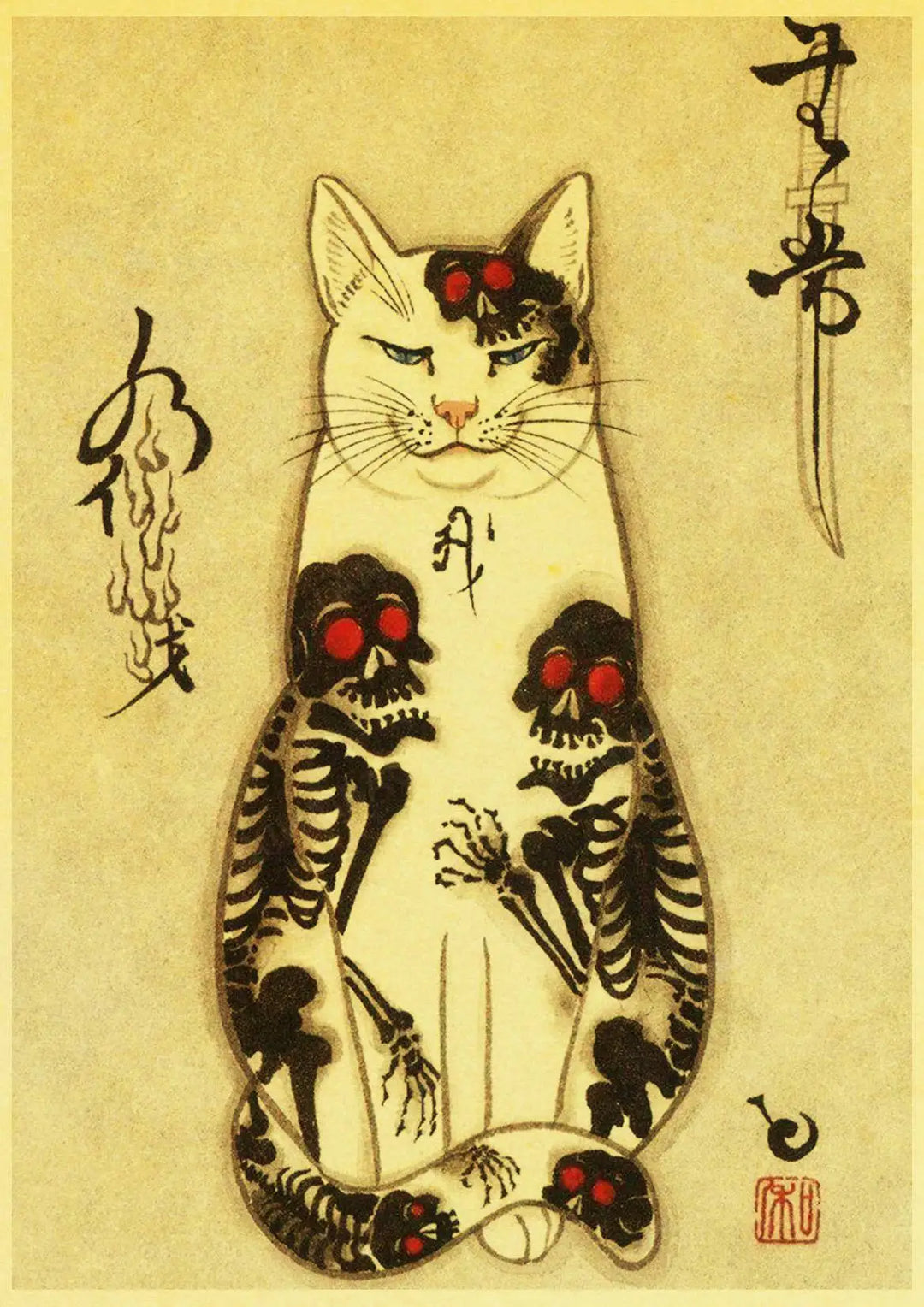 Affiche Japonaise Murale Motif Chat et Squelette