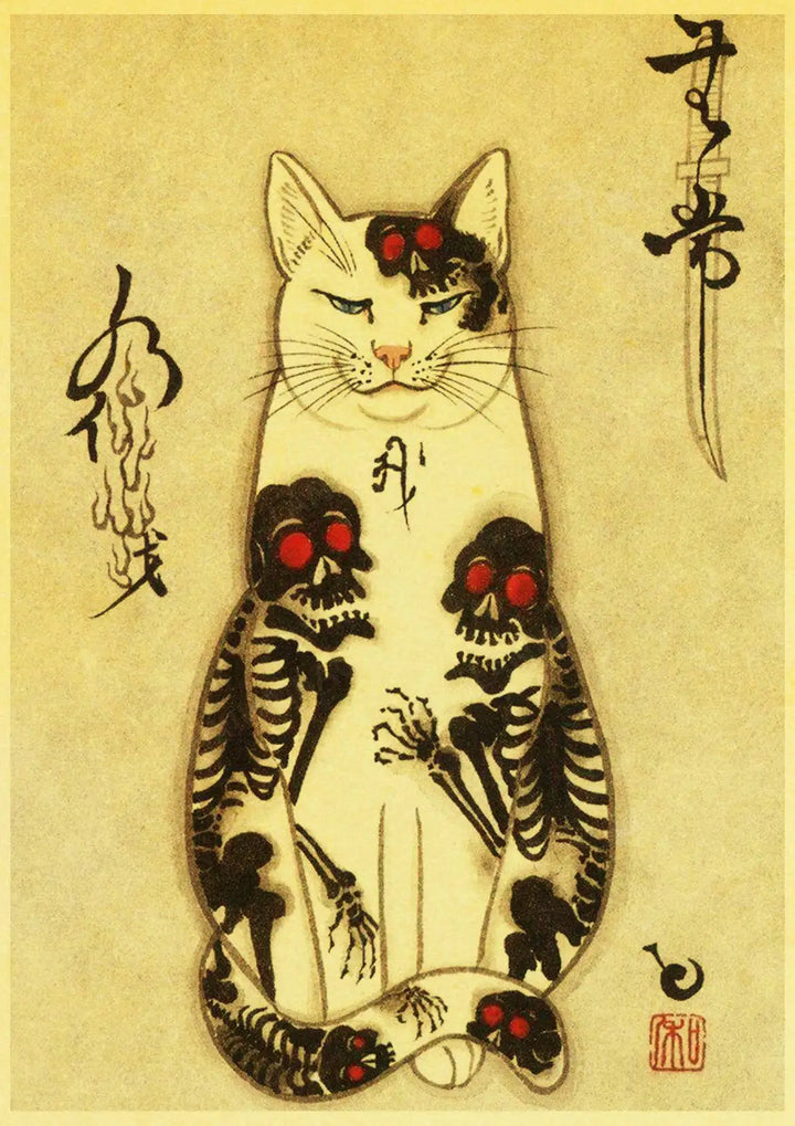 Affiche Japonaise Murale Motif Chat et Squelette