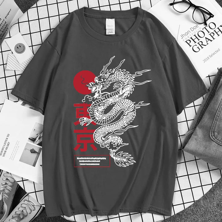 T-Shirt Japonais Dragon Tendance Gris foncé