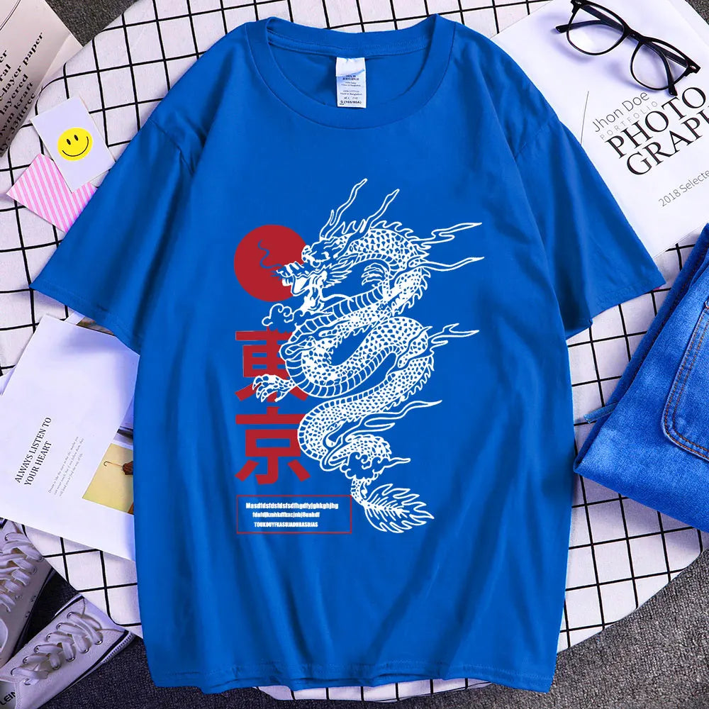 T-Shirt Japonais Dragon Tendance Bleu
