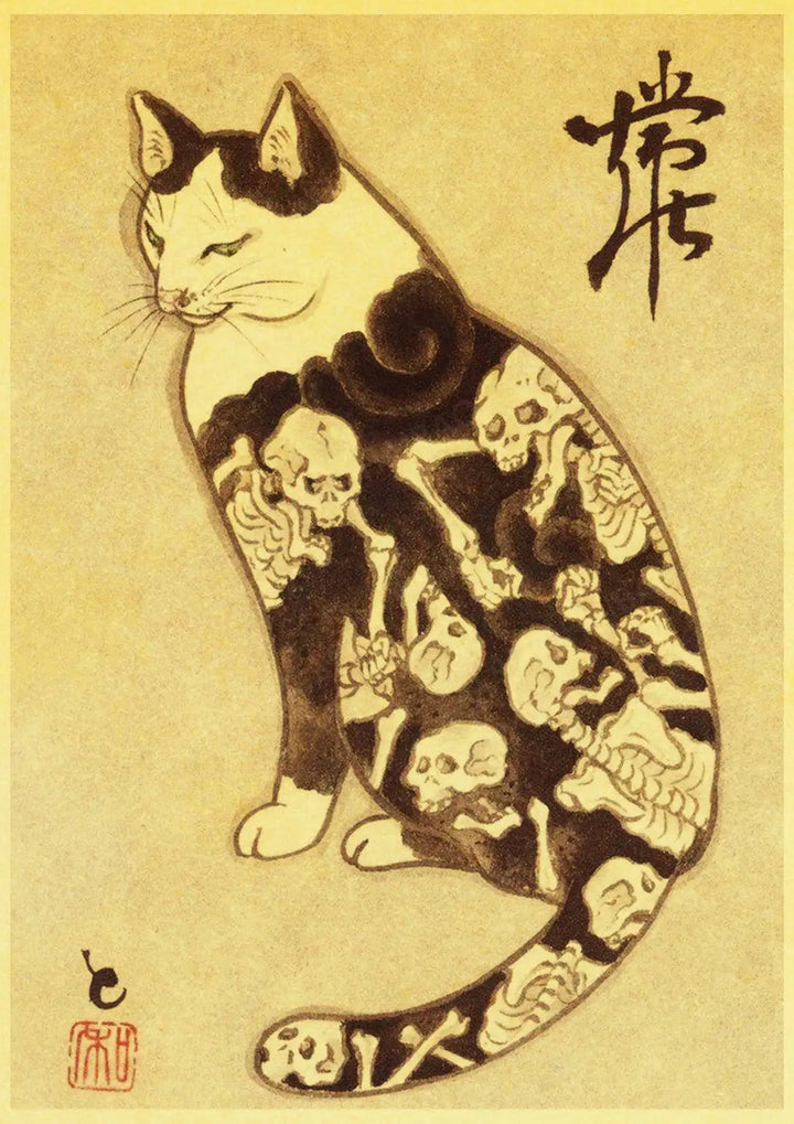 Affiche Japonaise Murale Motif Chat Noir