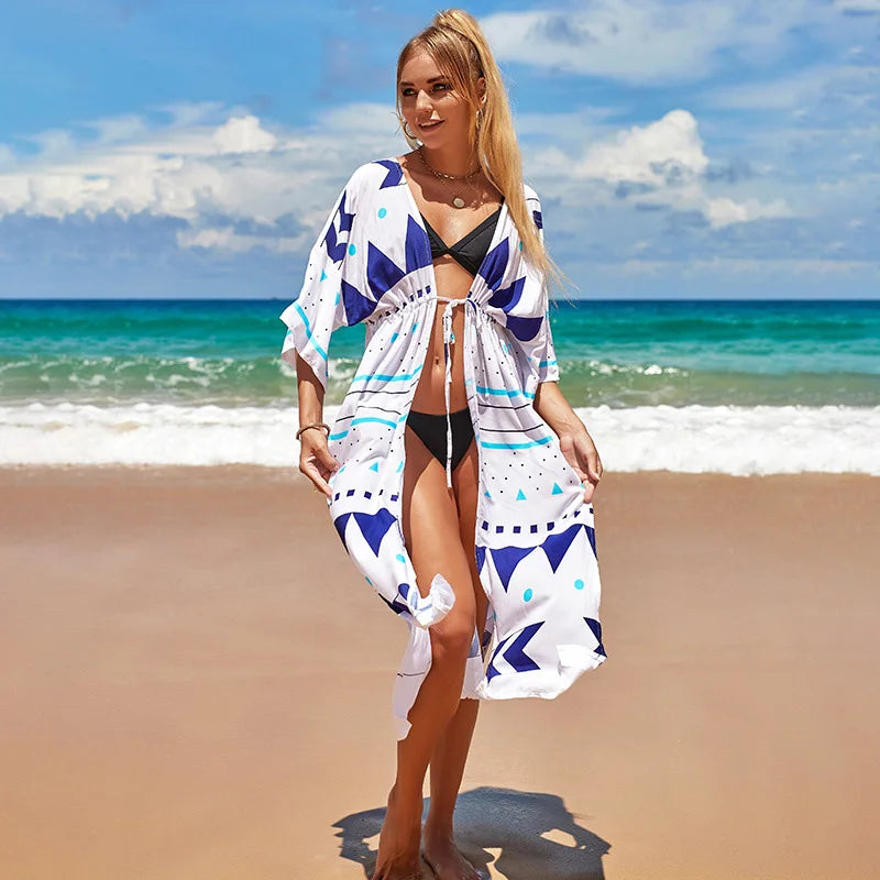 Kimono de Plage à Motifs Géométriques Bleu
