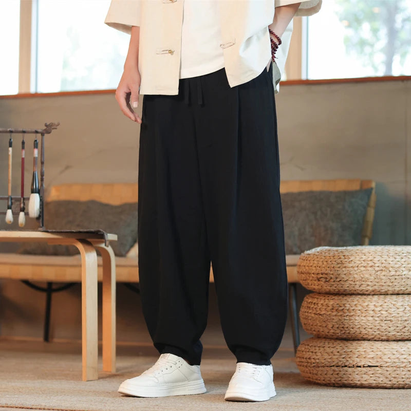 Pantalon Décontracté en Coton Style Japonais
