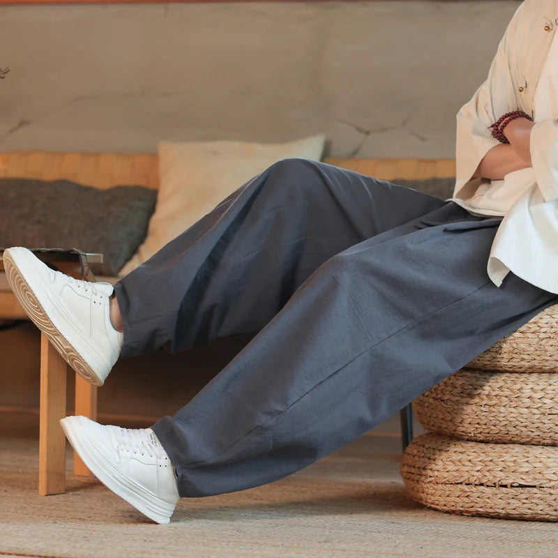Pantalon Décontracté en Coton Style Japonais long