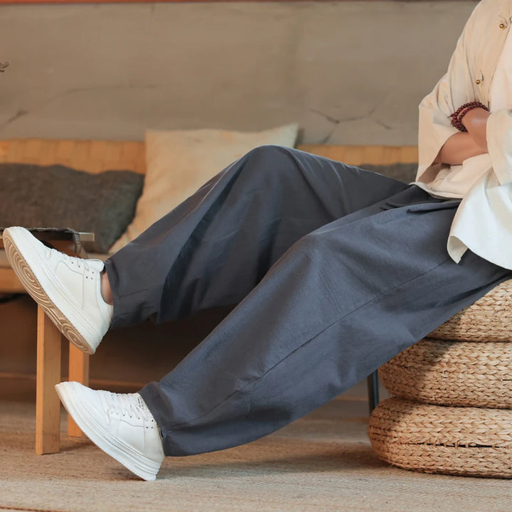 Pantalon Décontracté en Coton Style Japonais long