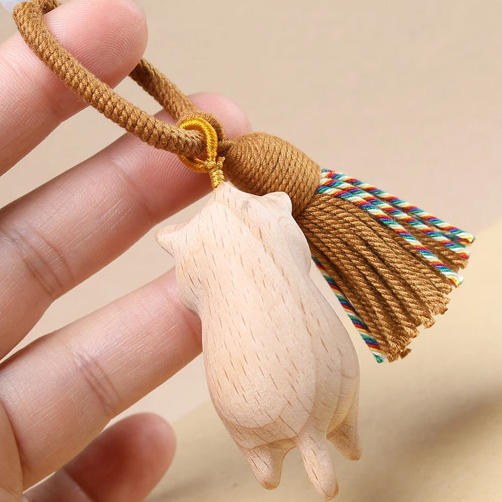 Porte-clés Chat Mignon en Bois pompon