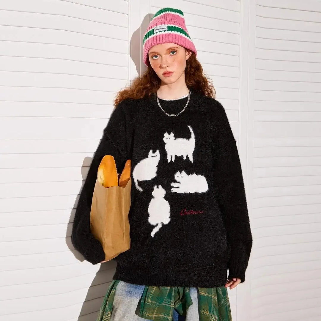 Pull Japonais Tricoté Chat noir