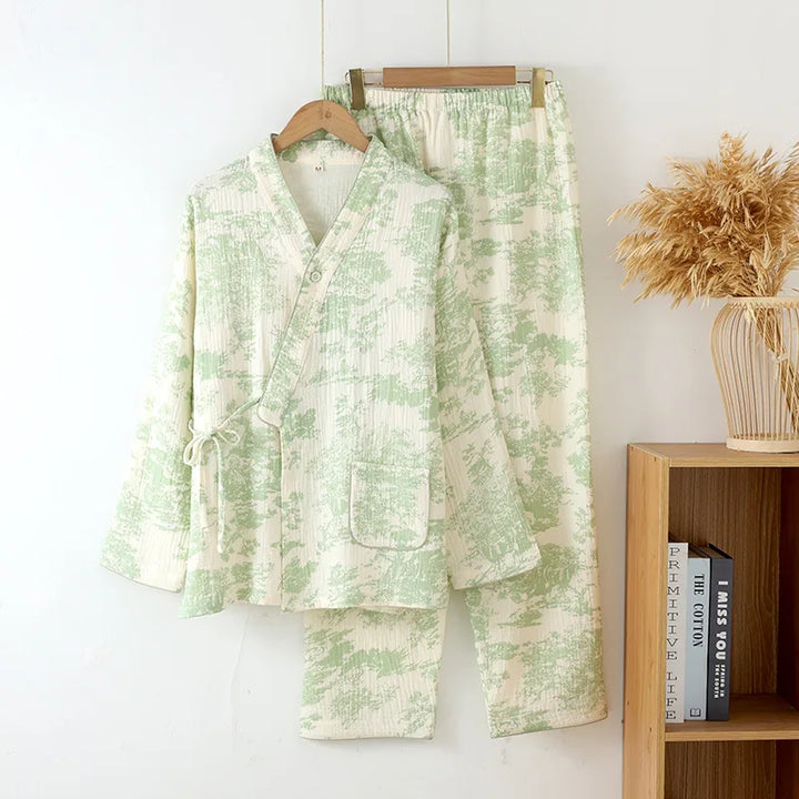Pyjama Kimono en Coton Imprimé vert