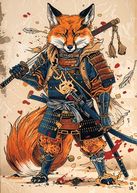 Affiche Japonaise Rétro Renard Géant Samouraï
