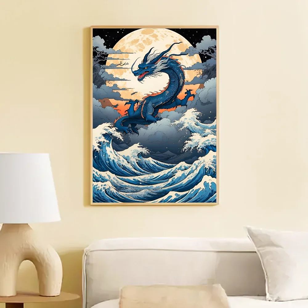 Tableau Japonais Vague et Dragon Bleu