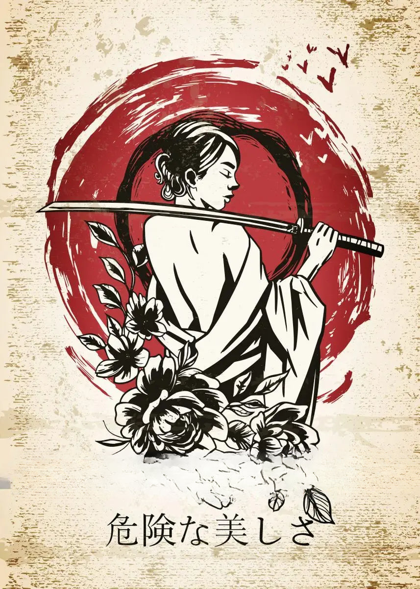 Affiche Japonaise Rétro Femme Samouraï avec Sabre