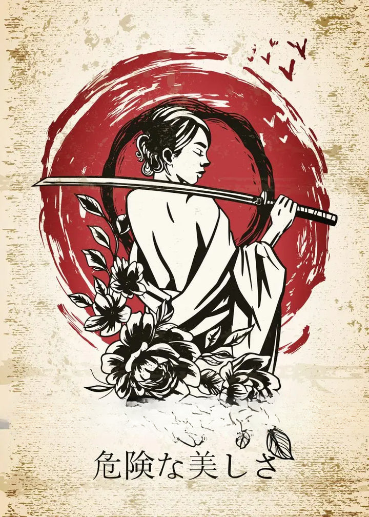Affiche Japonaise Rétro Femme Samouraï avec Sabre