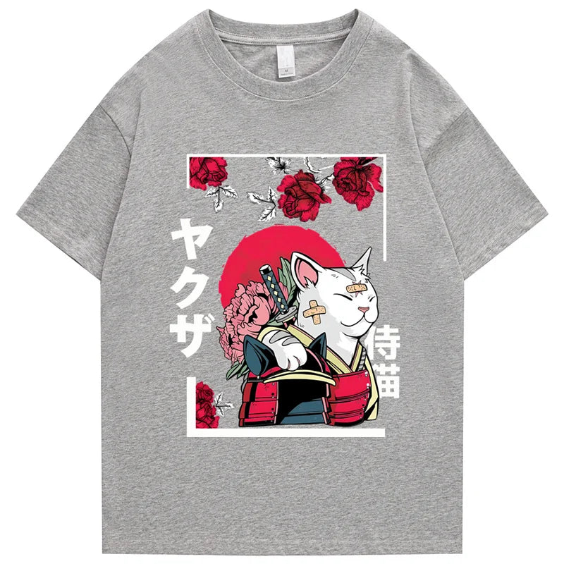 T-shirt Japonais en Coton Chat Design Gris