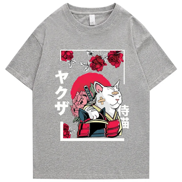 T-shirt Japonais en Coton Chat Design Gris