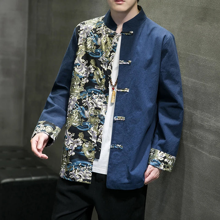 Veste Costume Kimono Homme Motifs Vague de Kanagawa bleu