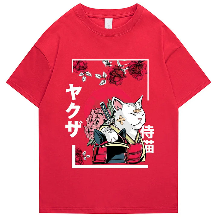 T-shirt Japonais en Coton Chat Design Rouge