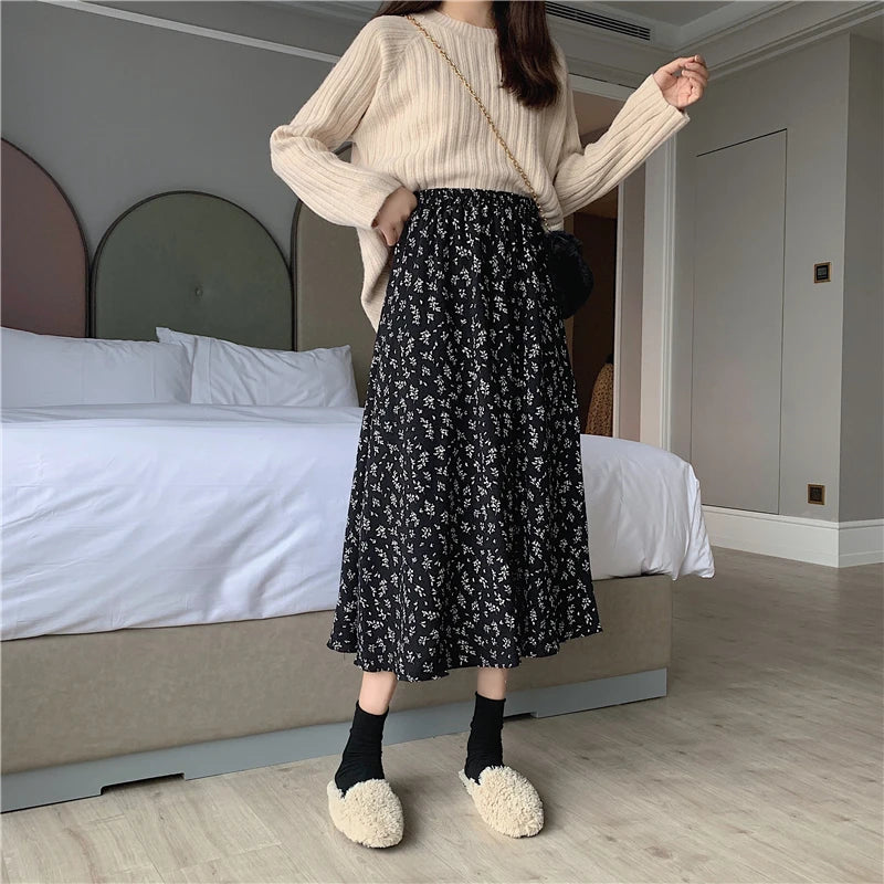 Jupe Japonaise Mi-longue Fleurie Noir