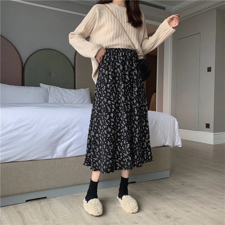 Jupe Japonaise Mi-longue Fleurie Noir