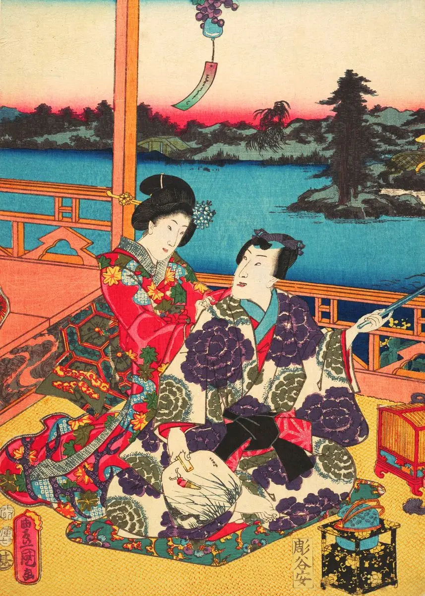 Affiche Japonaise Deux Geisha Assises au Balcon