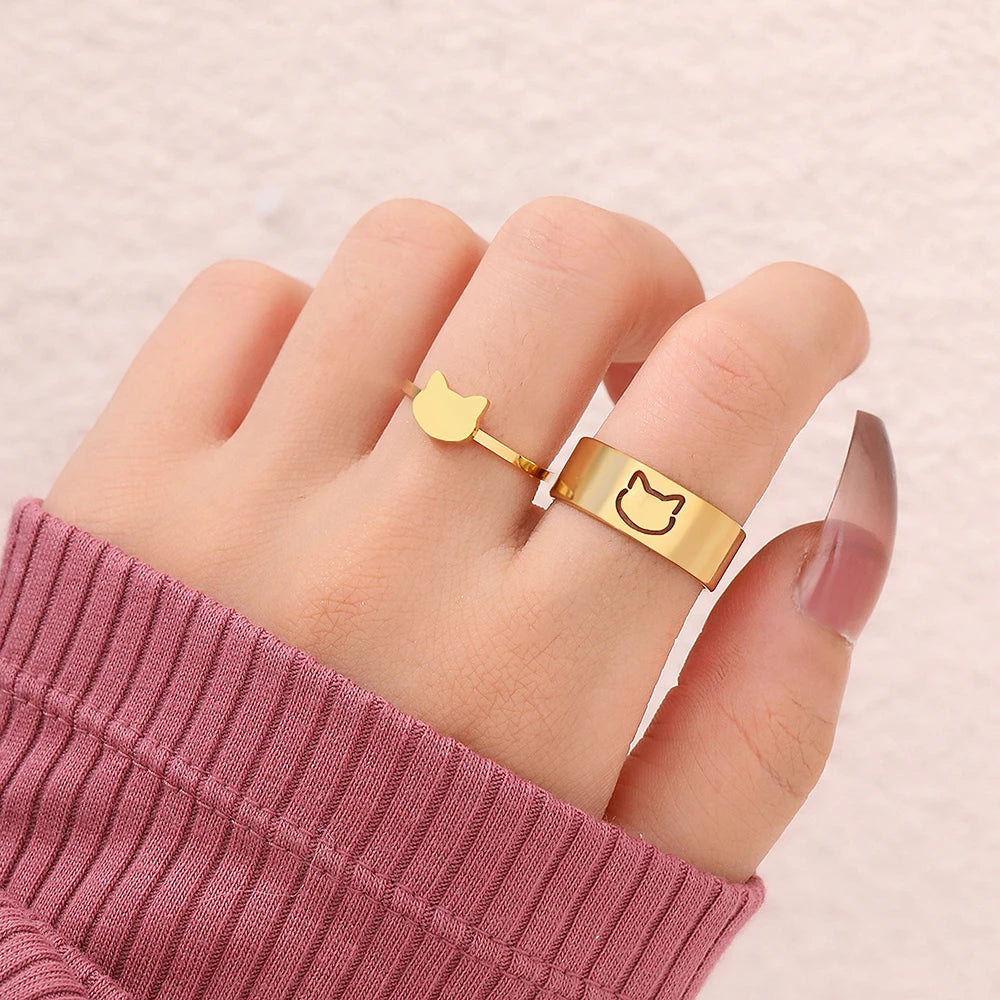 Edelstahlring-Set mit japanischem Katzenmotiv