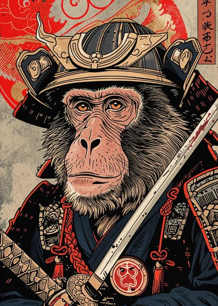 Affiche Japonaise Rétro Chimpanzé Samouraï