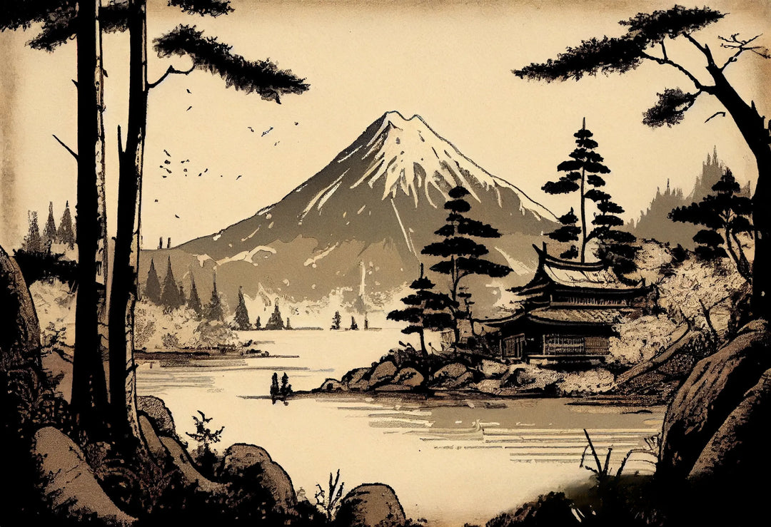 Affiche Japonaise Rétro Lac et Mont Fuji