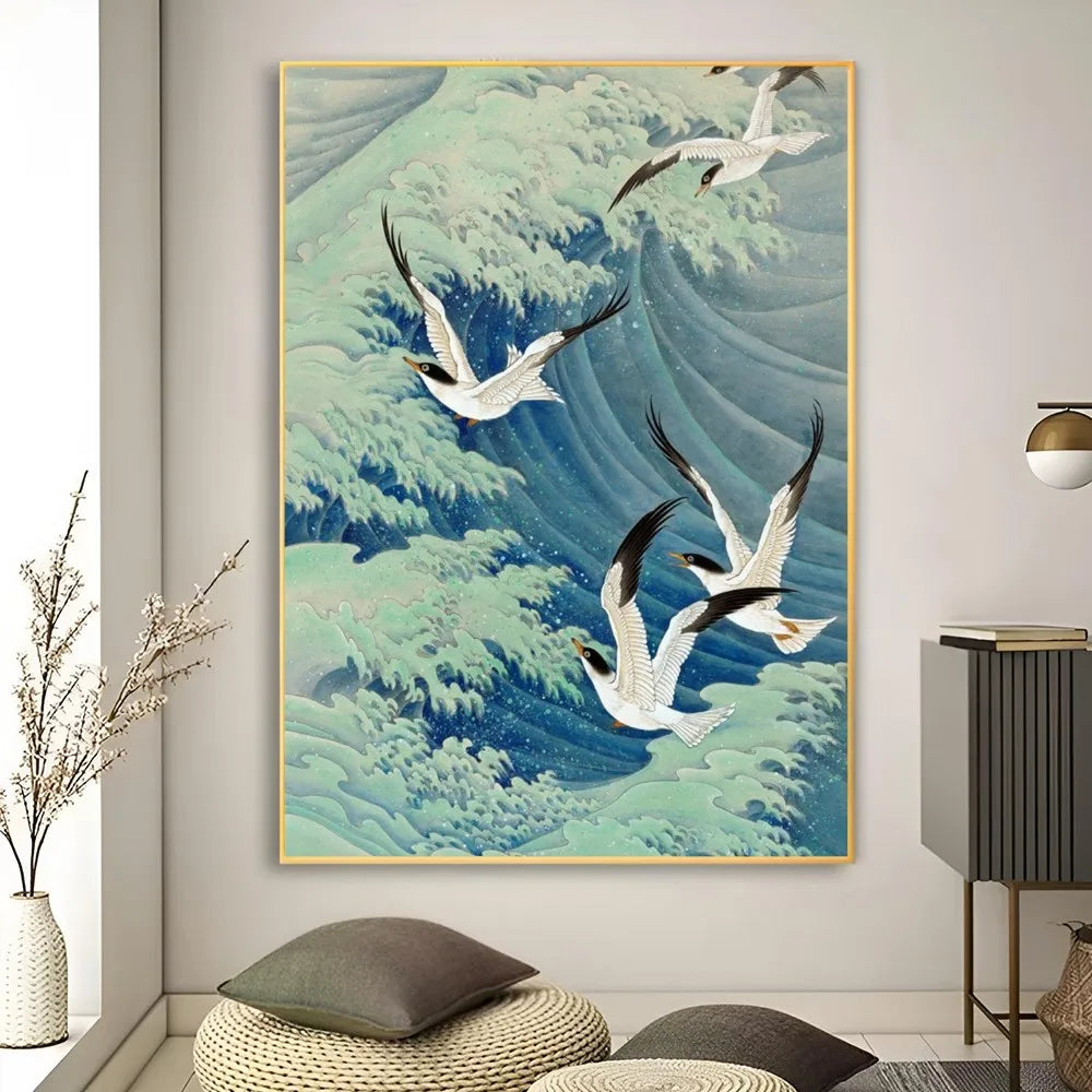 Tableau japonais motif vagues et grues