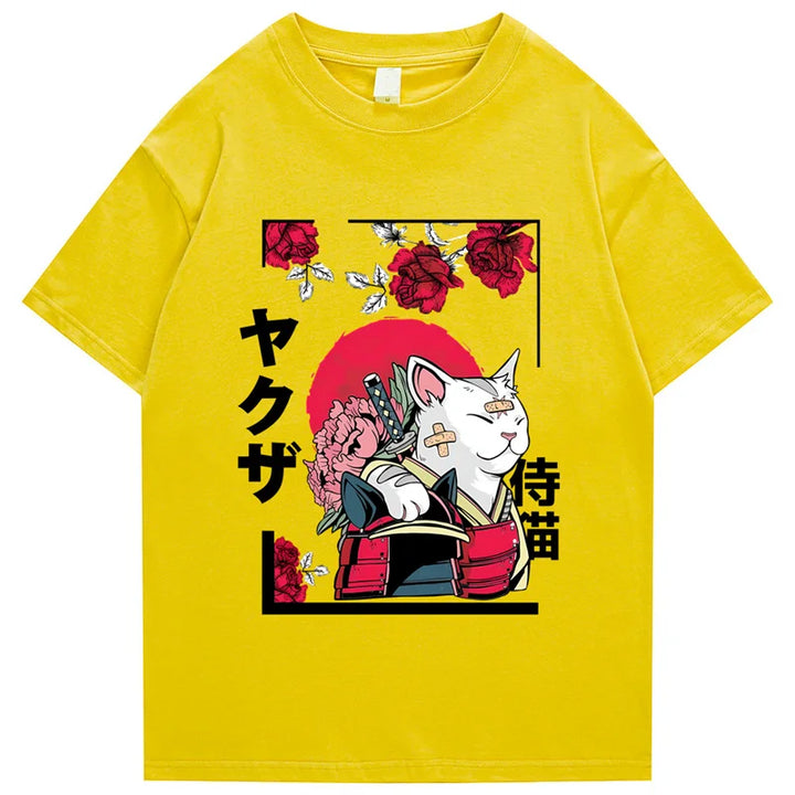 T-shirt Japonais en Coton Chat Design Jaune