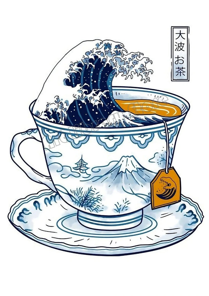 Affiche Japonaise Tasse de Café Yama Fuji fond blanc