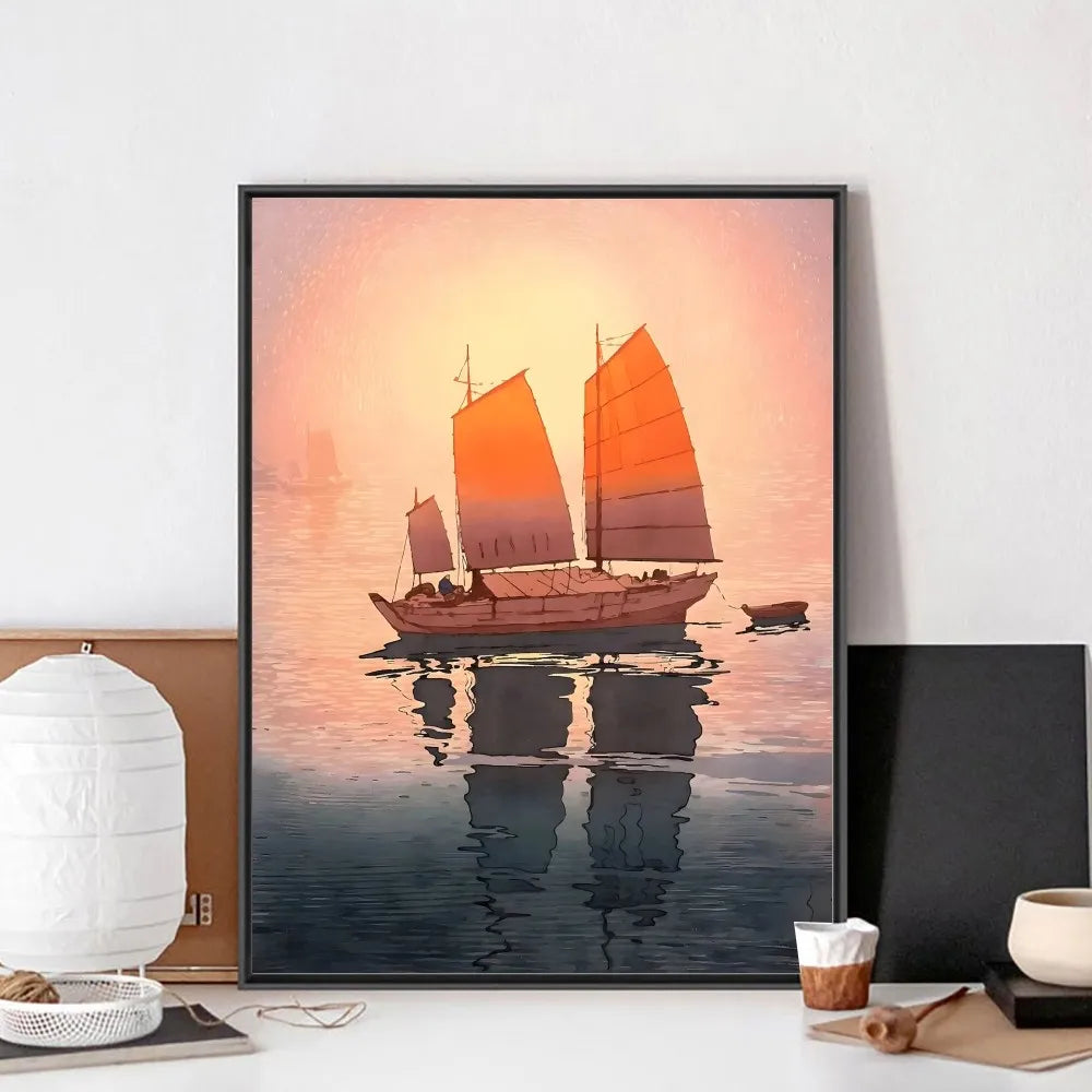 Tableau Japonais Paysage mer et bateau