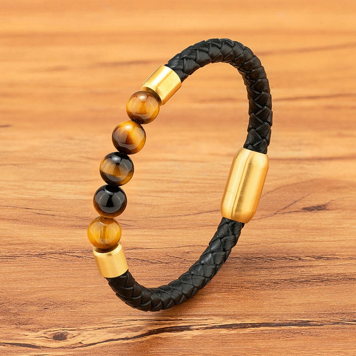 Japanese braided leather bracelet with tiger's eye stone