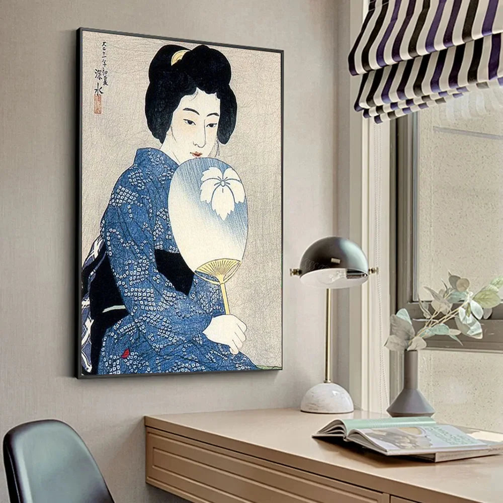 Tableau Japonais Femme en Kimono avec éventail