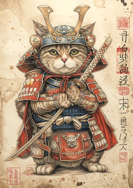 Affiche Japonaise Rétro Chat Samouraï avec armure