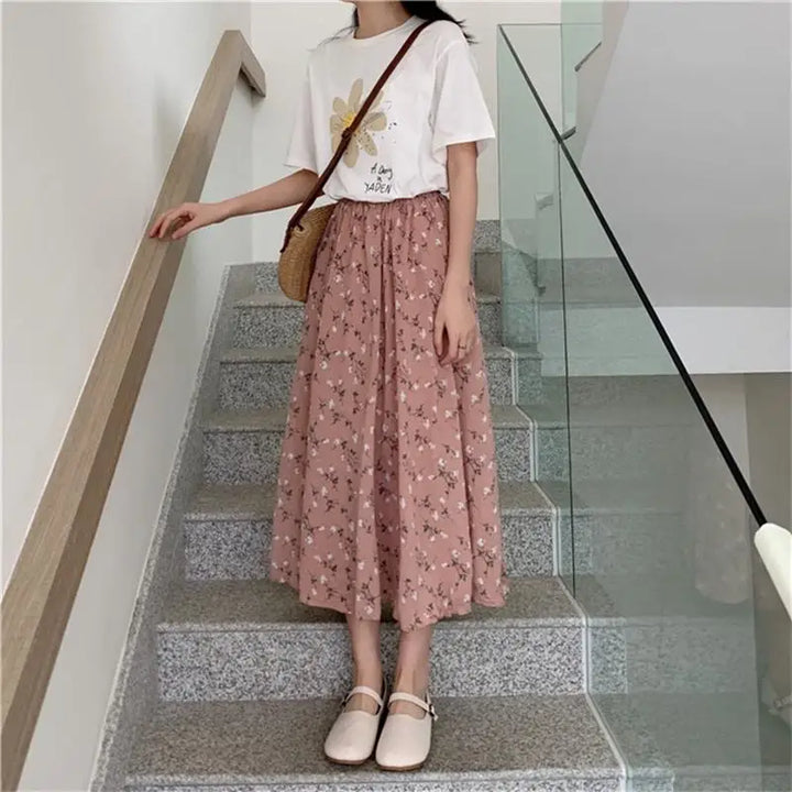 Jupe Japonaise Mi-longue Fleurie Rose